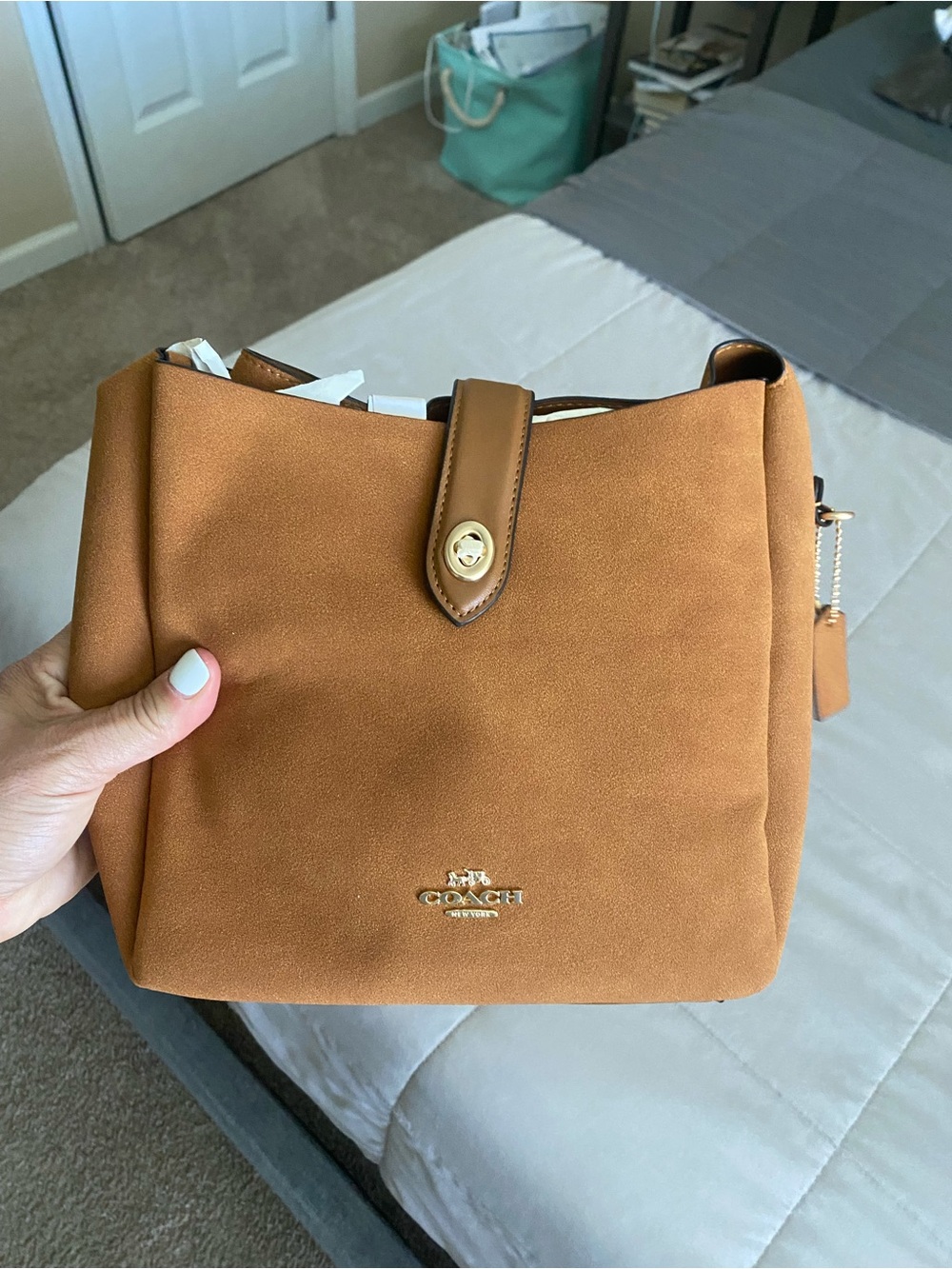Coach Suede Bucket Shoulder Bag in Caramel Brown